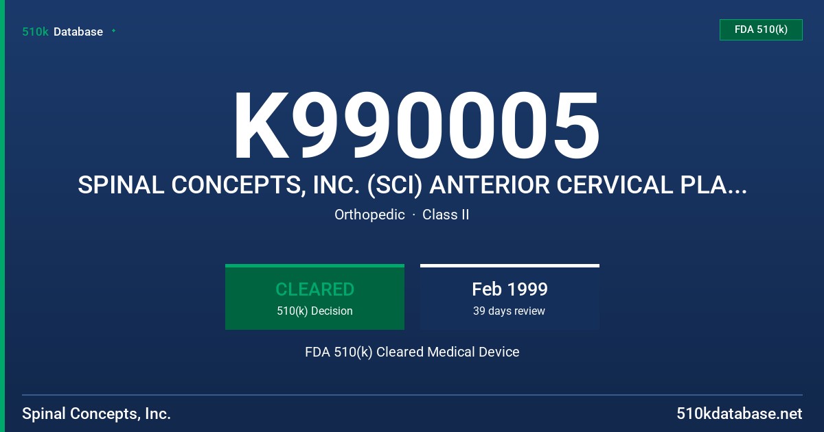K990005 SPINAL CONCEPTS, INC. (SCI) ANTERIOR CERVICAL PLATE SYSTEM FDA 510(k) Cleared Medical Device
