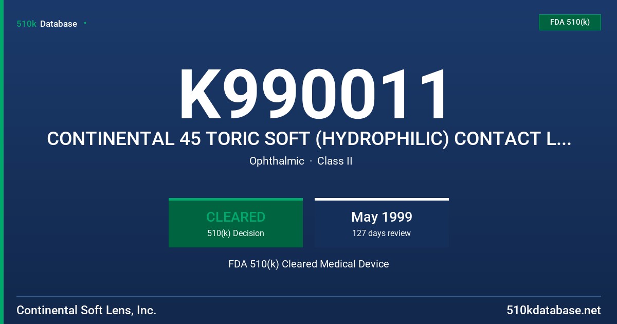 K990011 CONTINENTAL 45 TORIC SOFT (HYDROPHILIC) CONTACT LENSES FOR DAILY WEAR FDA 510(k) Cleared Medical Device