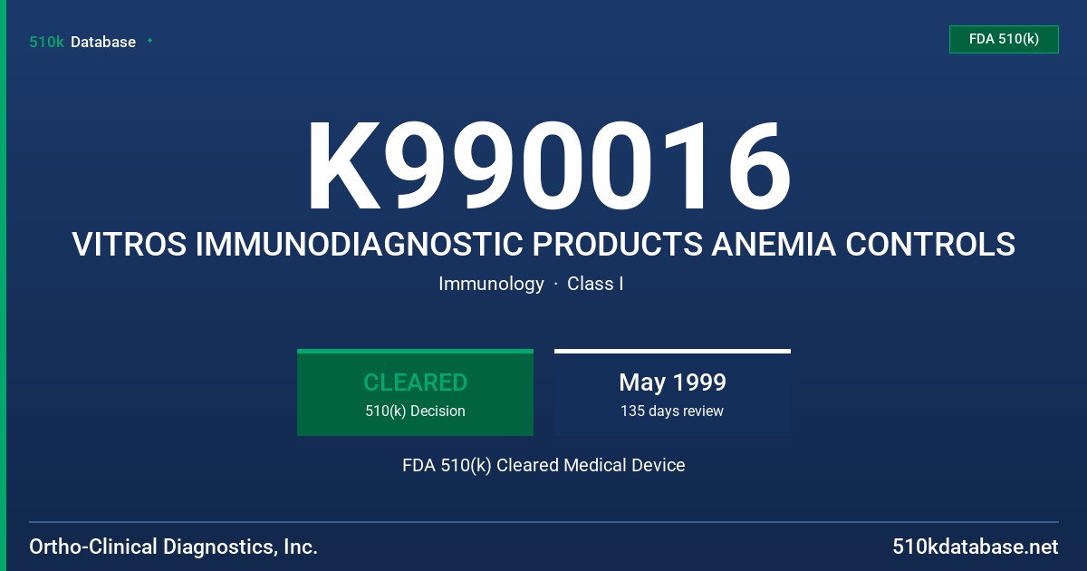 K990016 VITROS IMMUNODIAGNOSTIC PRODUCTS ANEMIA CONTROLS FDA 510(k) Cleared Medical Device