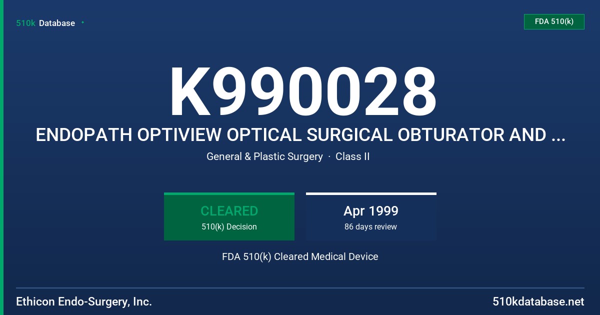 K990028 ENDOPATH OPTIVIEW OPTICAL SURGICAL OBTURATOR AND SLEEVE FDA 510(k) Cleared Medical Device