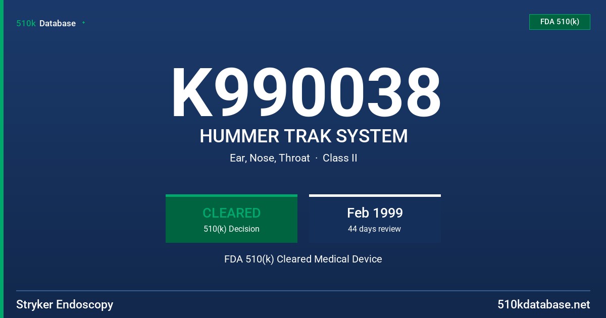 K990038 HUMMER TRAK SYSTEM FDA 510(k) Cleared Medical Device