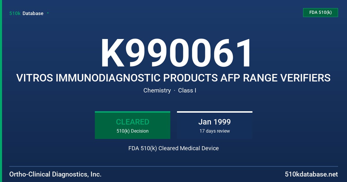 K990061 VITROS IMMUNODIAGNOSTIC PRODUCTS AFP RANGE VERIFIERS FDA 510(k) Cleared Medical Device