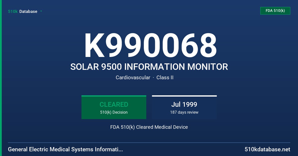 K990068 SOLAR 9500 INFORMATION MONITOR FDA 510(k) Cleared Medical Device