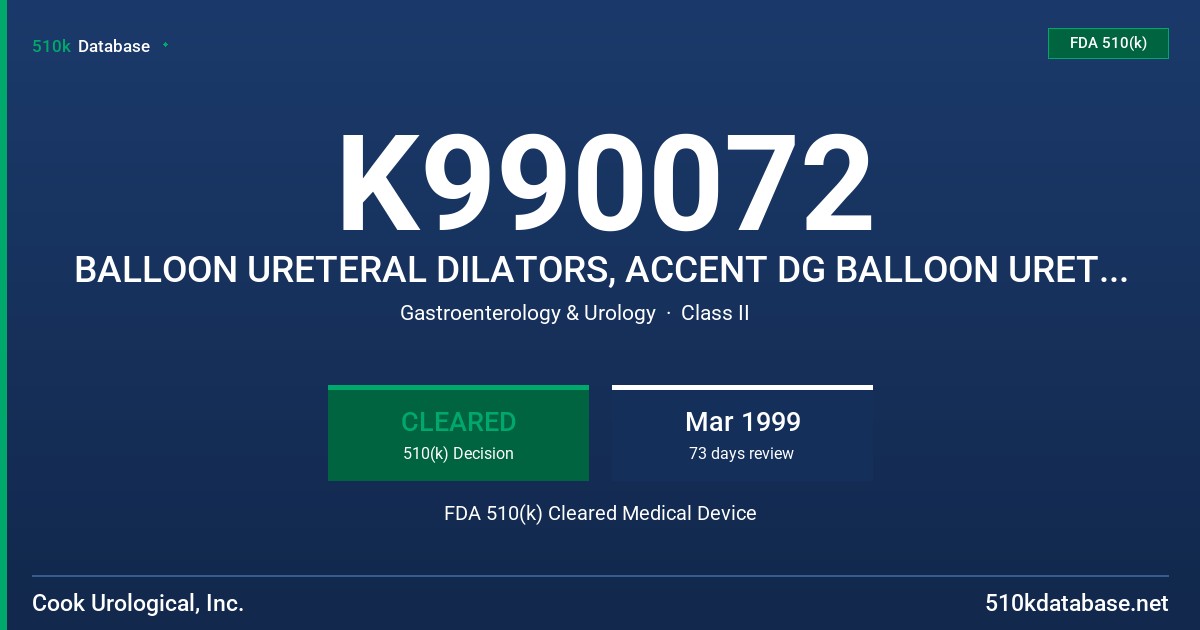 K990072 BALLOON URETERAL DILATORS, ACCENT DG BALLOON URETERAL DILATOR SET, ASCEND BALLOON DILATION CATHETERS, BALLOON DILATION C FDA 510(k) Cleared Medical Device