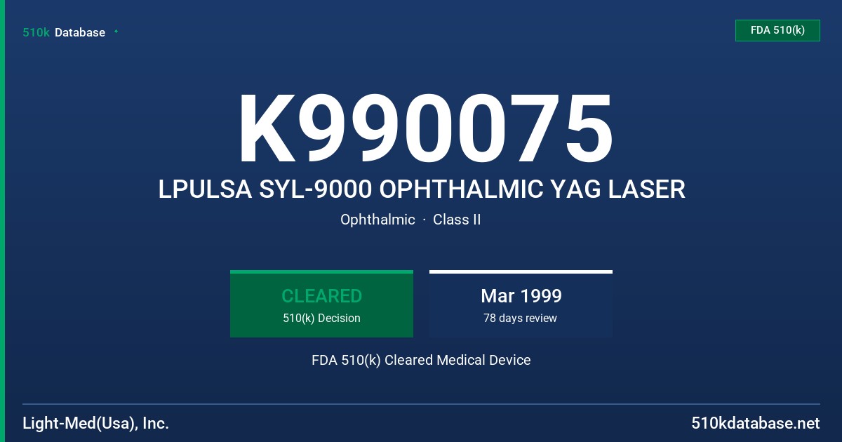 K990075 LPULSA SYL-9000 OPHTHALMIC YAG LASER FDA 510(k) Cleared Medical Device