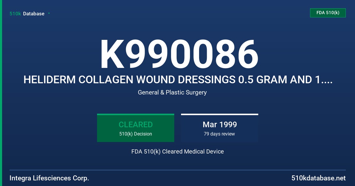 K990086 HELIDERM COLLAGEN WOUND DRESSINGS 0.5 GRAM AND 1.0 GRAM FDA 510(k) Cleared Medical Device