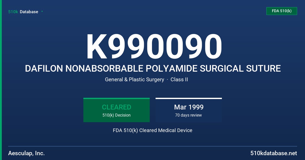 K990090 DAFILON NONABSORBABLE POLYAMIDE SURGICAL SUTURE FDA 510(k) Cleared Medical Device