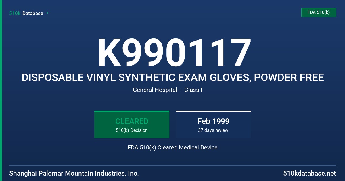 K990117 DISPOSABLE VINYL SYNTHETIC EXAM GLOVES, POWDER FREE FDA 510(k) Cleared Medical Device