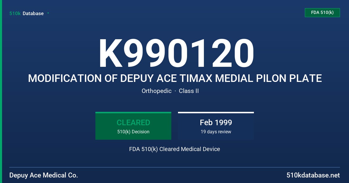 K990120 MODIFICATION OF DEPUY ACE TIMAX MEDIAL PILON PLATE FDA 510(k) Cleared Medical Device