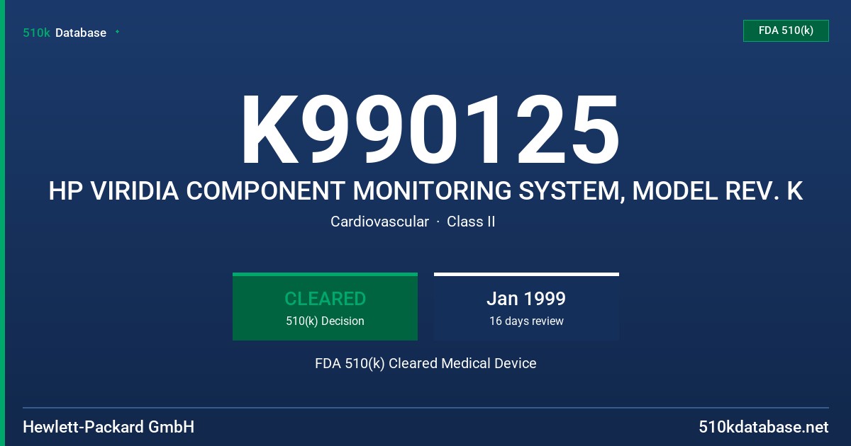 K990125 HP VIRIDIA COMPONENT MONITORING SYSTEM, MODEL REV. K FDA 510(k) Cleared Medical Device