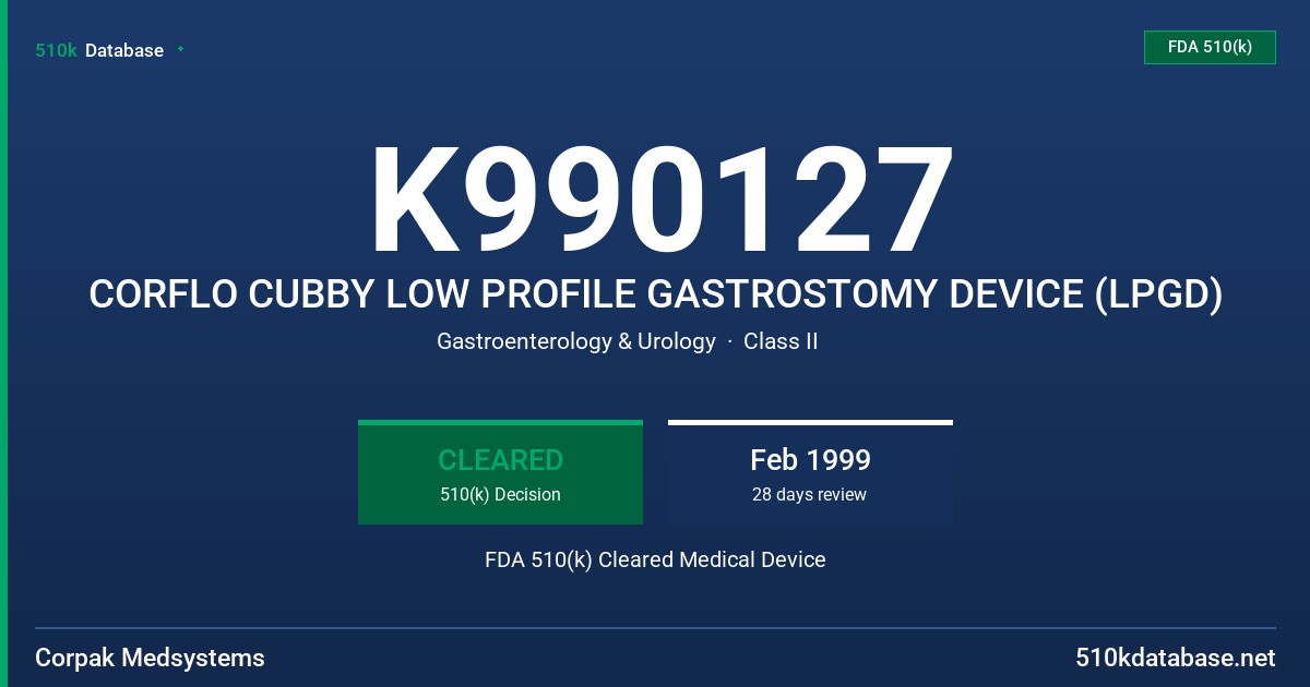 K990127 CORFLO CUBBY LOW PROFILE GASTROSTOMY DEVICE (LPGD) FDA 510(k) Cleared Medical Device