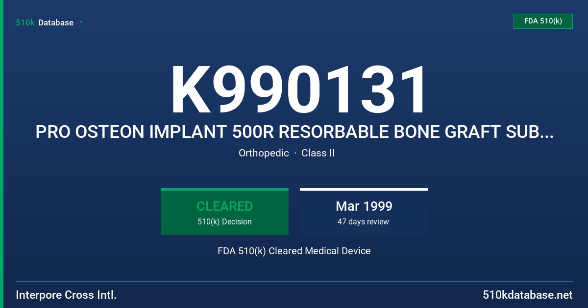 K990131 PRO OSTEON IMPLANT 500R RESORBABLE BONE GRAFT SUBSTITUTE FDA 510(k) Cleared Medical Device