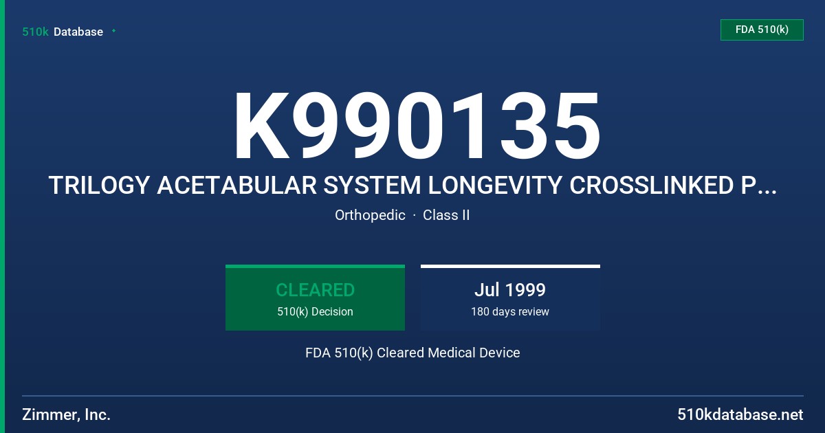 K990135 TRILOGY ACETABULAR SYSTEM LONGEVITY CROSSLINKED POLYETHYLENE FDA 510(k) Cleared Medical Device