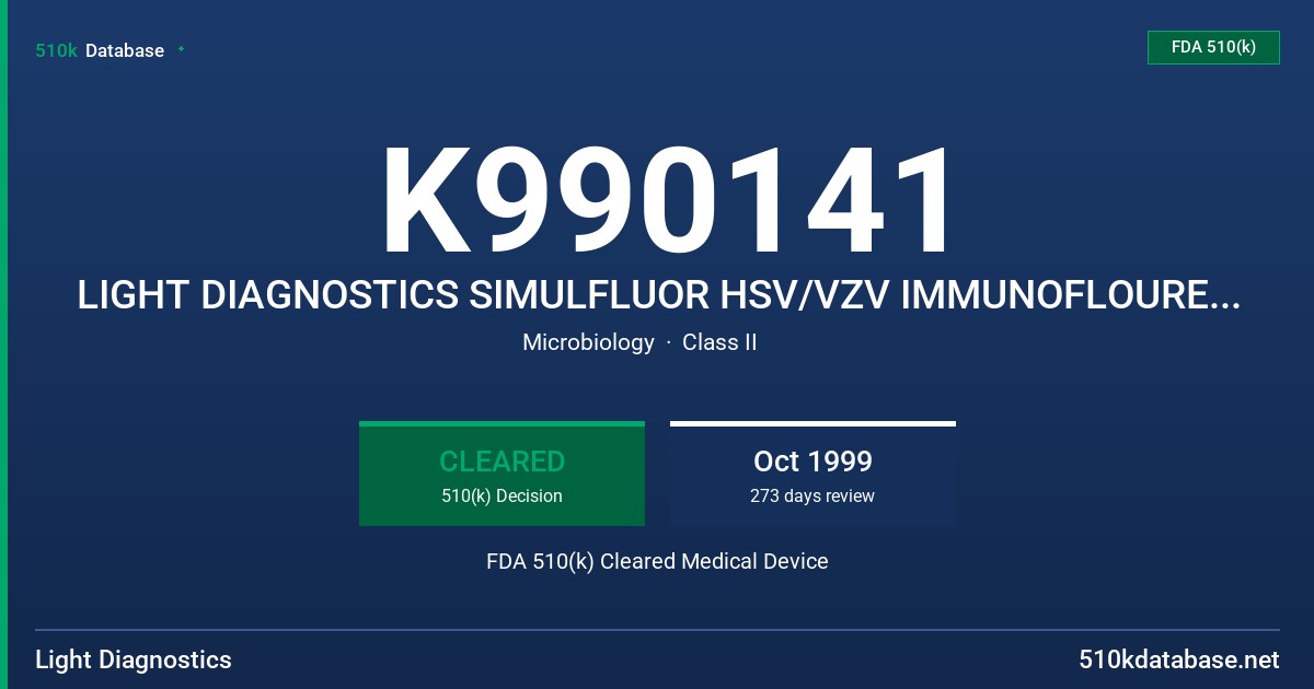 K990141 LIGHT DIAGNOSTICS SIMULFLUOR HSV/VZV IMMUNOFLOURESCENCE ASSAY, MODEL 3295 FDA 510(k) Cleared Medical Device