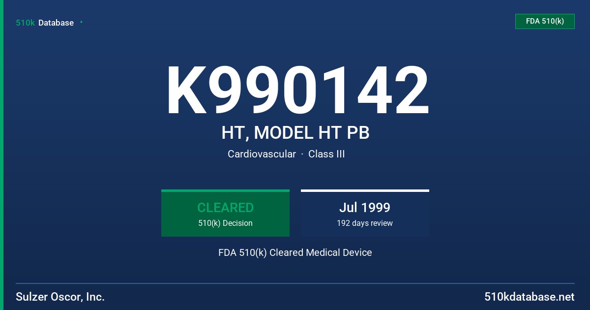 K990142 HT, MODEL HT PB FDA 510(k) Cleared Medical Device