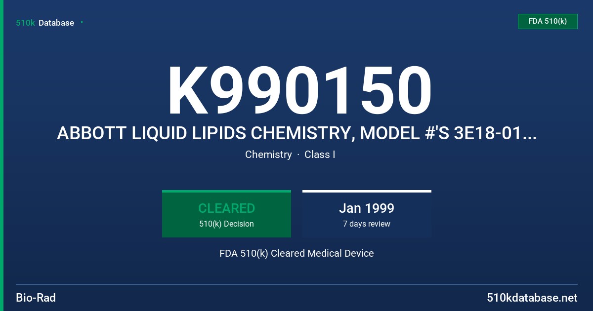 K990150 ABBOTT LIQUID LIPIDS CHEMISTRY, MODEL #'S 3E18-01, 3E19-01 FDA 510(k) Cleared Medical Device