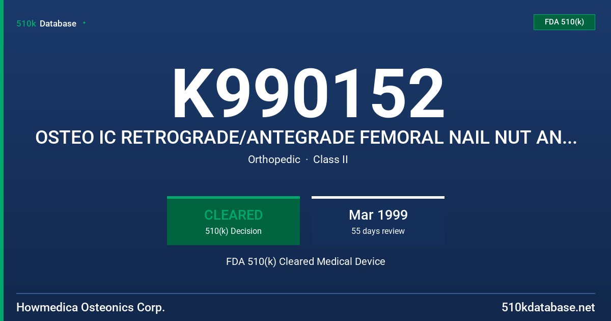 K990152 OSTEO IC RETROGRADE/ANTEGRADE FEMORAL NAIL NUT AND WASHER FDA 510(k) Cleared Medical Device