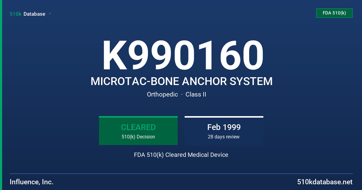 K990160 MICROTAC-BONE ANCHOR SYSTEM FDA 510(k) Cleared Medical Device