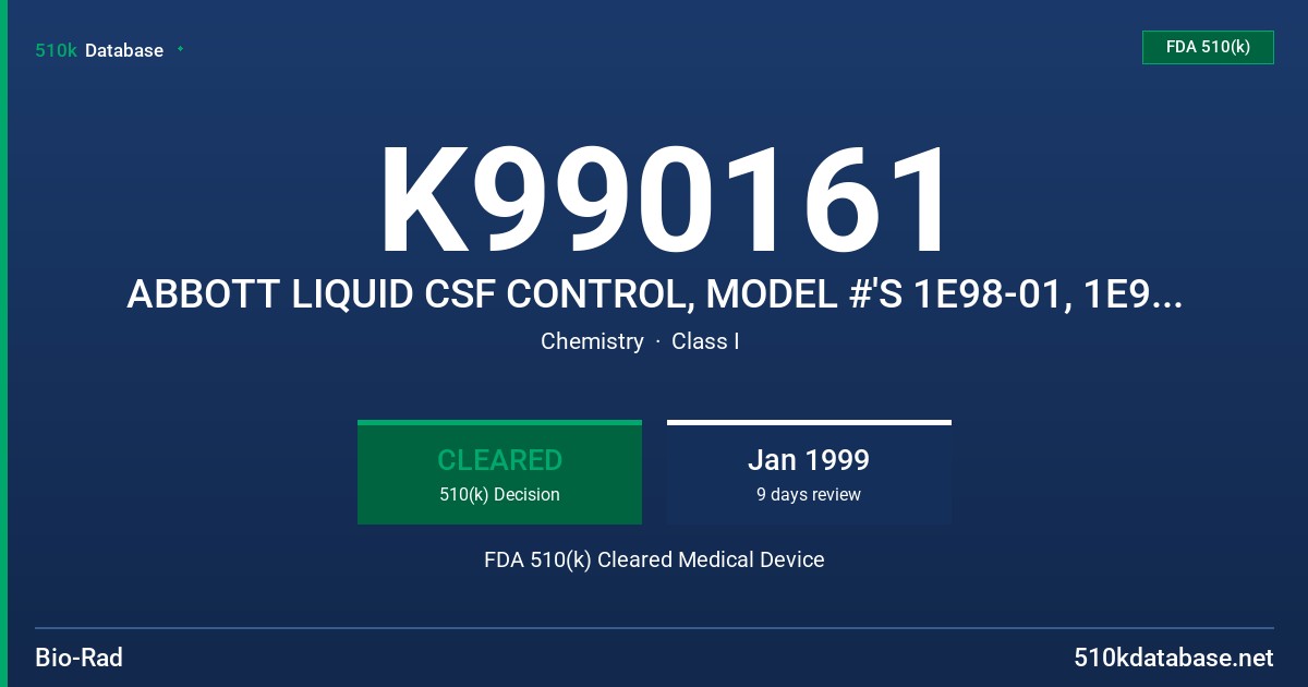 K990161 ABBOTT LIQUID CSF CONTROL, MODEL #'S 1E98-01, 1E99-01 FDA 510(k) Cleared Medical Device