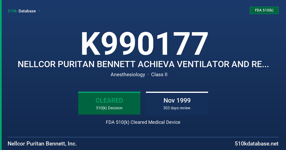 K990177 NELLCOR PURITAN BENNETT ACHIEVA VENTILATOR AND REPORT GENERATOR FDA 510(k) Cleared Medical Device