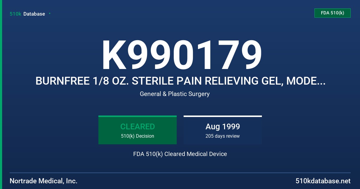 K990179 BURNFREE 1/8 OZ. STERILE PAIN RELIEVING GEL, MODEL SD FDA 510(k) Cleared Medical Device