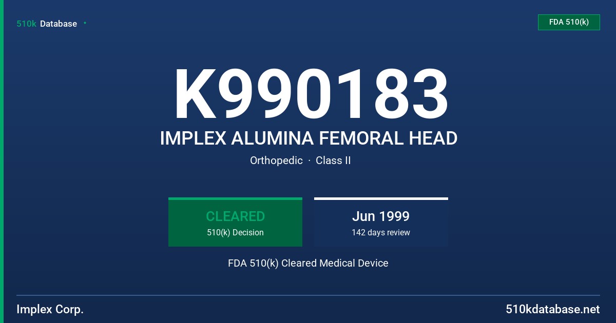 K990183 IMPLEX ALUMINA FEMORAL HEAD FDA 510(k) Cleared Medical Device