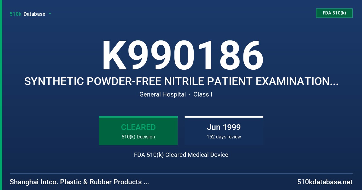 K990186 SYNTHETIC POWDER-FREE NITRILE PATIENT EXAMINATION GLOVES FDA 510(k) Cleared Medical Device