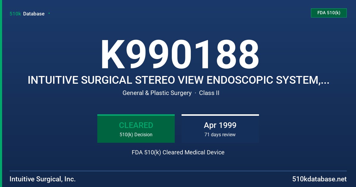K990188 INTUITIVE SURGICAL STEREO VIEW ENDOSCOPIC SYSTEM, MODEL SVS-1 FDA 510(k) Cleared Medical Device