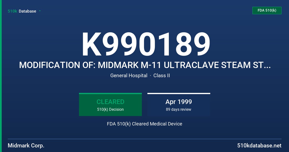 K990189 MODIFICATION OF: MIDMARK M-11 ULTRACLAVE STEAM STERILIZER FDA 510(k) Cleared Medical Device