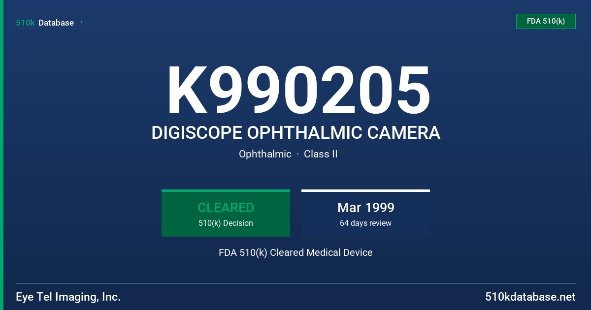 K990205 DIGISCOPE OPHTHALMIC CAMERA FDA 510(k) Cleared Medical Device