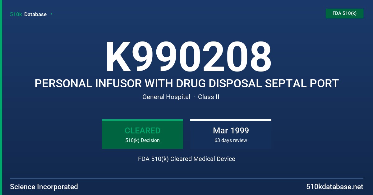 K990208 PERSONAL INFUSOR WITH DRUG DISPOSAL SEPTAL PORT FDA 510(k) Cleared Medical Device