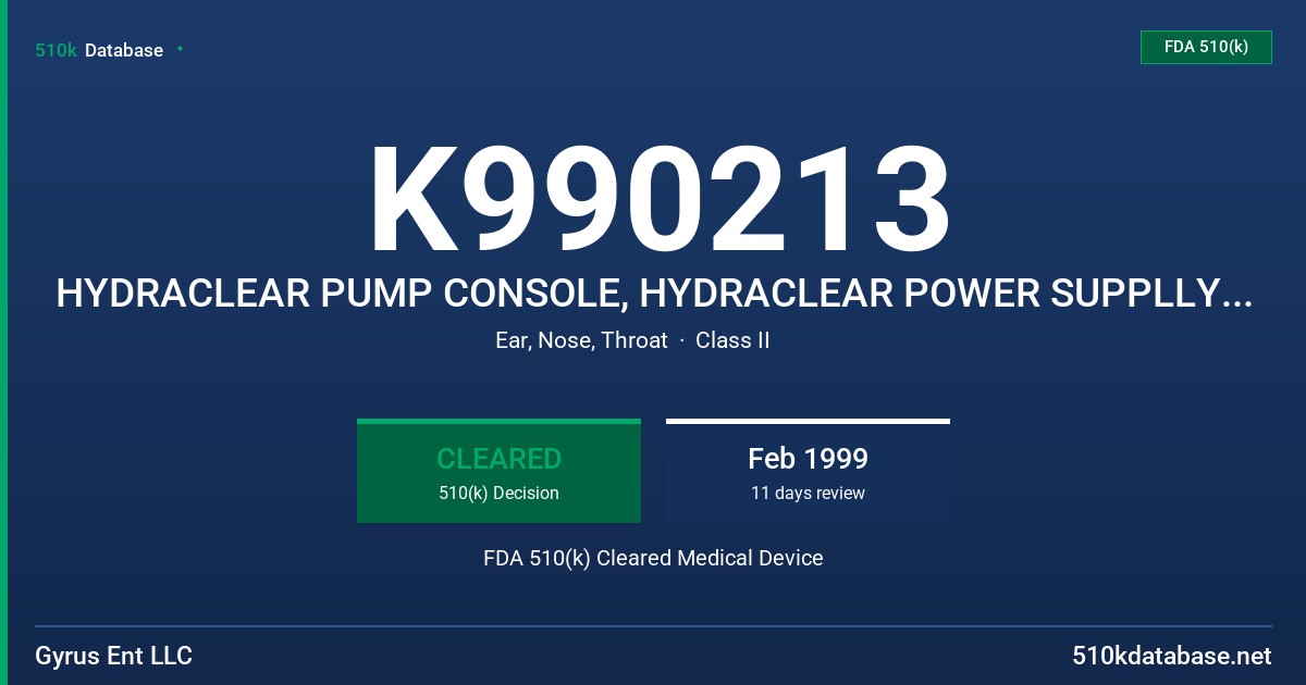 K990213 HYDRACLEAR PUMP CONSOLE, HYDRACLEAR POWER SUPPLLY, HYDRACLEAR FOOTSWITCH, HYDRACLEAR SHEATHS, HYDRACLEAR SET FDA 510(k) Cleared Medical Device
