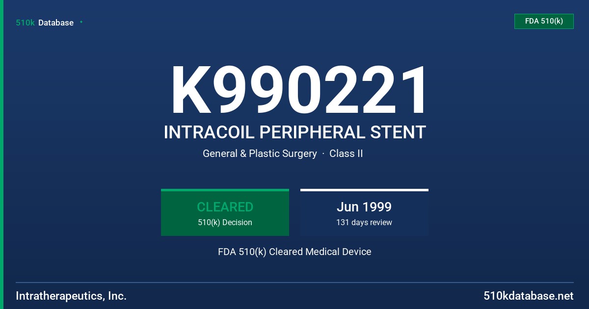 K990221 INTRACOIL PERIPHERAL STENT FDA 510(k) Cleared Medical Device
