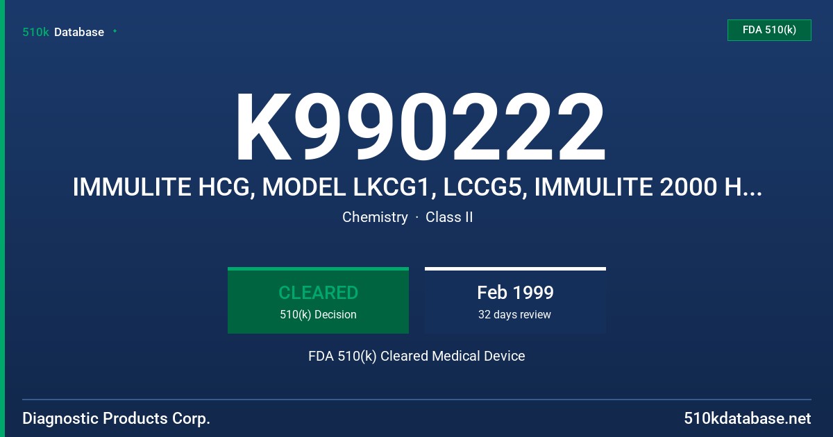 K990222 IMMULITE HCG, MODEL LKCG1, LCCG5, IMMULITE 2000 HCG, MODEL L2KCG2, L2KCG6 FDA 510(k) Cleared Medical Device