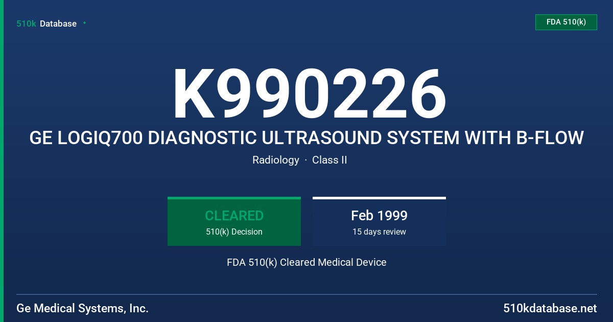 K990226 GE LOGIQ700 DIAGNOSTIC ULTRASOUND SYSTEM WITH B-FLOW FDA 510(k) Cleared Medical Device