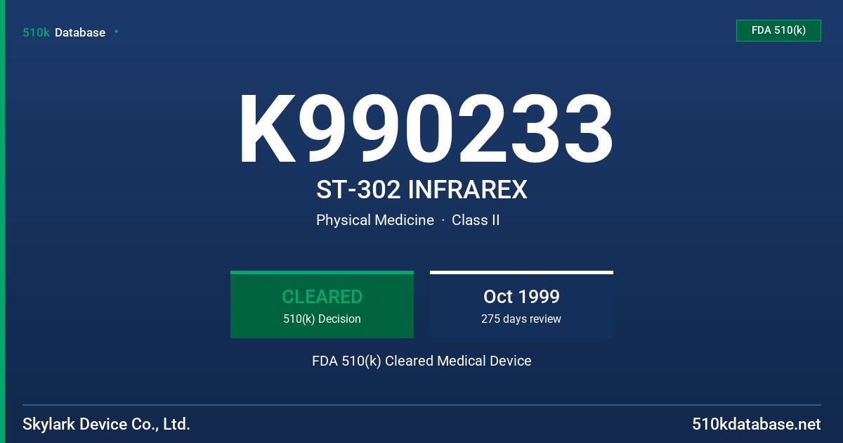 K990233 ST-302 INFRAREX FDA 510(k) Cleared Medical Device