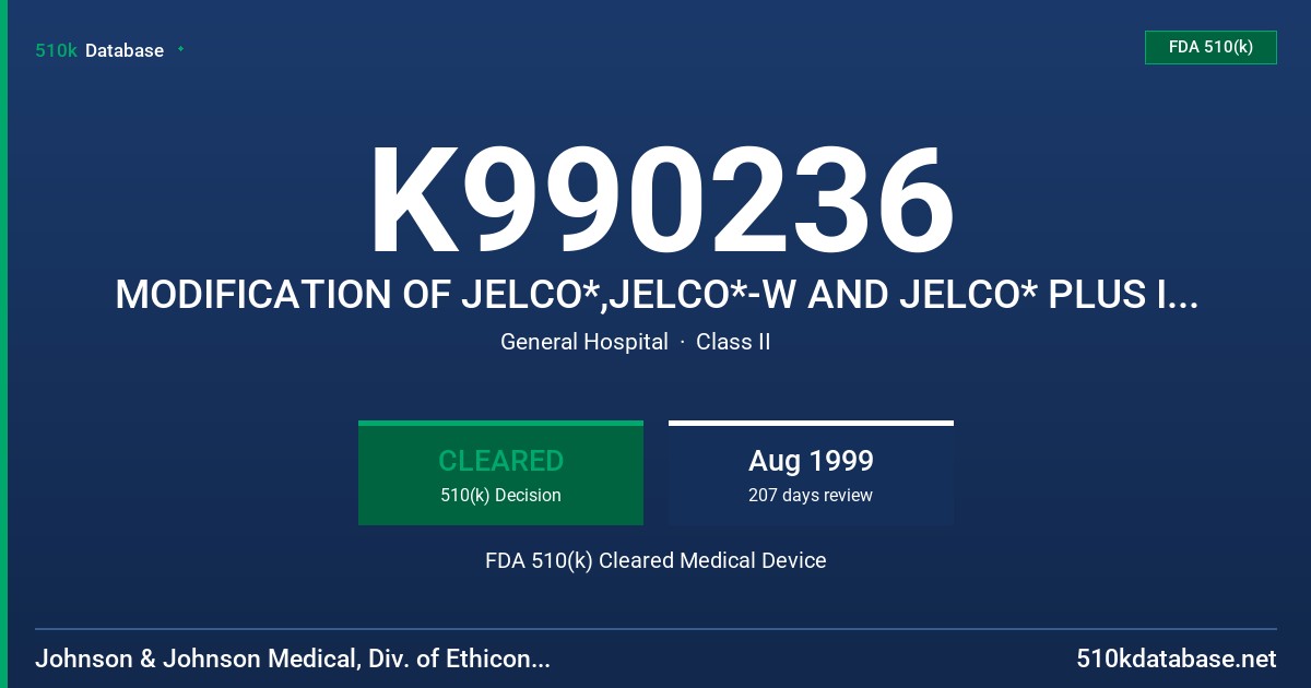 K990236 MODIFICATION OF JELCO*,JELCO*-W AND JELCO* PLUS I.V. CATHETERS, CATHLON* I.V. CATHETERS, OPTIVA* I.V. CATHETERS, PROTECT FDA 510(k) Cleared Medical Device