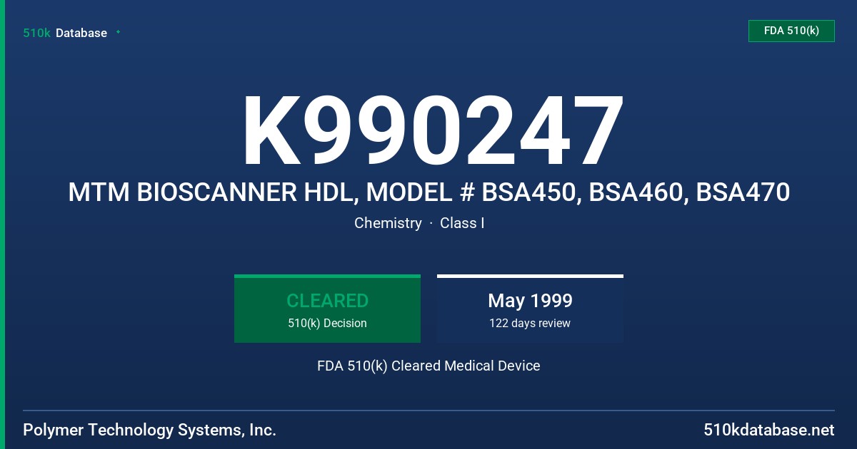 K990247 MTM BIOSCANNER HDL, MODEL # BSA450, BSA460, BSA470 FDA 510(k) Cleared Medical Device
