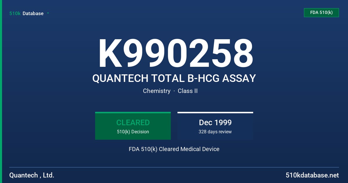 K990258 QUANTECH TOTAL B-HCG ASSAY FDA 510(k) Cleared Medical Device
