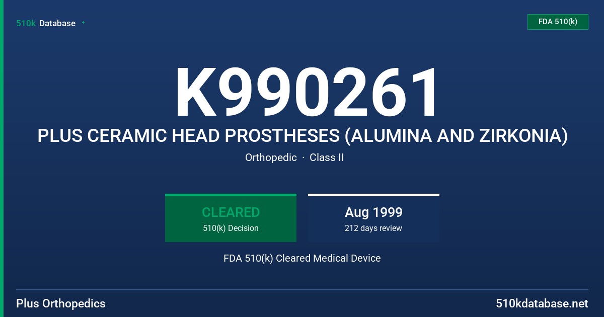K990261 PLUS CERAMIC HEAD PROSTHESES (ALUMINA AND ZIRKONIA) FDA 510(k) Cleared Medical Device