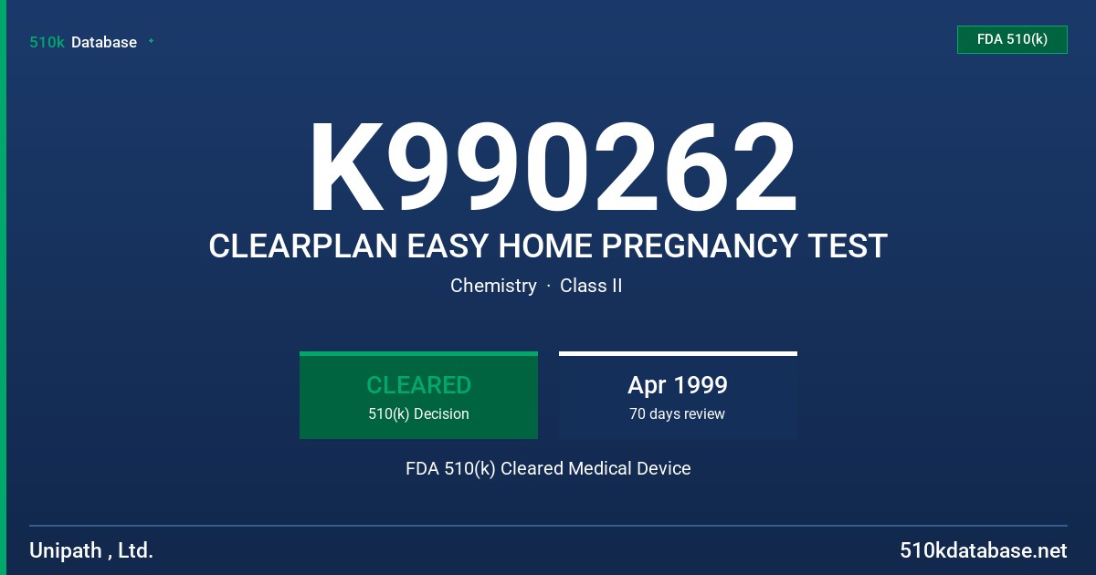 K990262 CLEARPLAN EASY HOME PREGNANCY TEST FDA 510(k) Cleared Medical Device