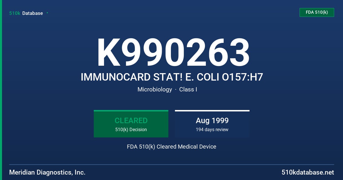K990263 IMMUNOCARD STAT! E. COLI O157:H7 FDA 510(k) Cleared Medical Device