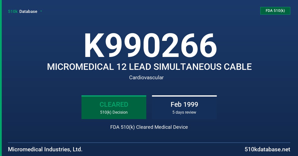 K990266 MICROMEDICAL 12 LEAD SIMULTANEOUS CABLE FDA 510(k) Cleared Medical Device