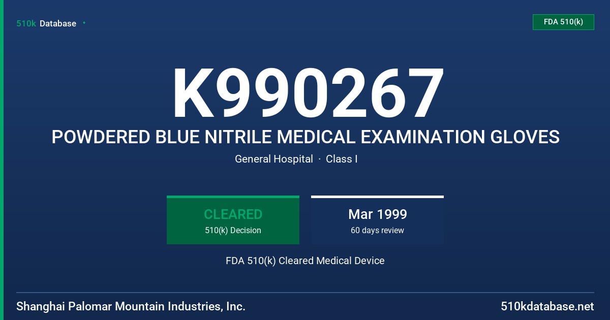K990267 POWDERED BLUE NITRILE MEDICAL EXAMINATION GLOVES FDA 510(k) Cleared Medical Device