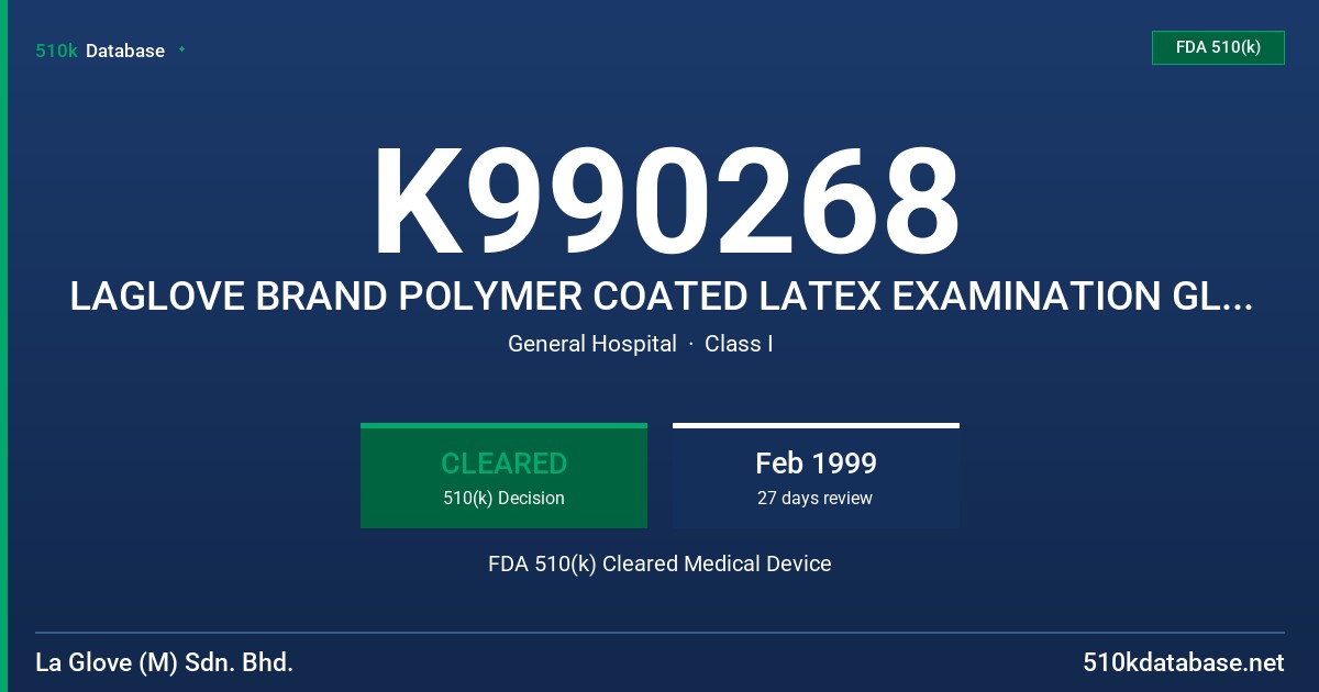 K990268 LAGLOVE BRAND POLYMER COATED LATEX EXAMINATION GLOVE (POWDER FREE) FDA 510(k) Cleared Medical Device