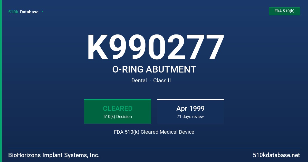 K990277 O-RING ABUTMENT FDA 510(k) Cleared Medical Device
