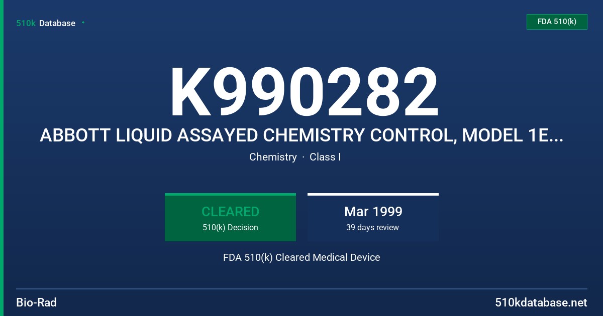 K990282 ABBOTT LIQUID ASSAYED CHEMISTRY CONTROL, MODEL 1E81-01/1E82-01 FDA 510(k) Cleared Medical Device