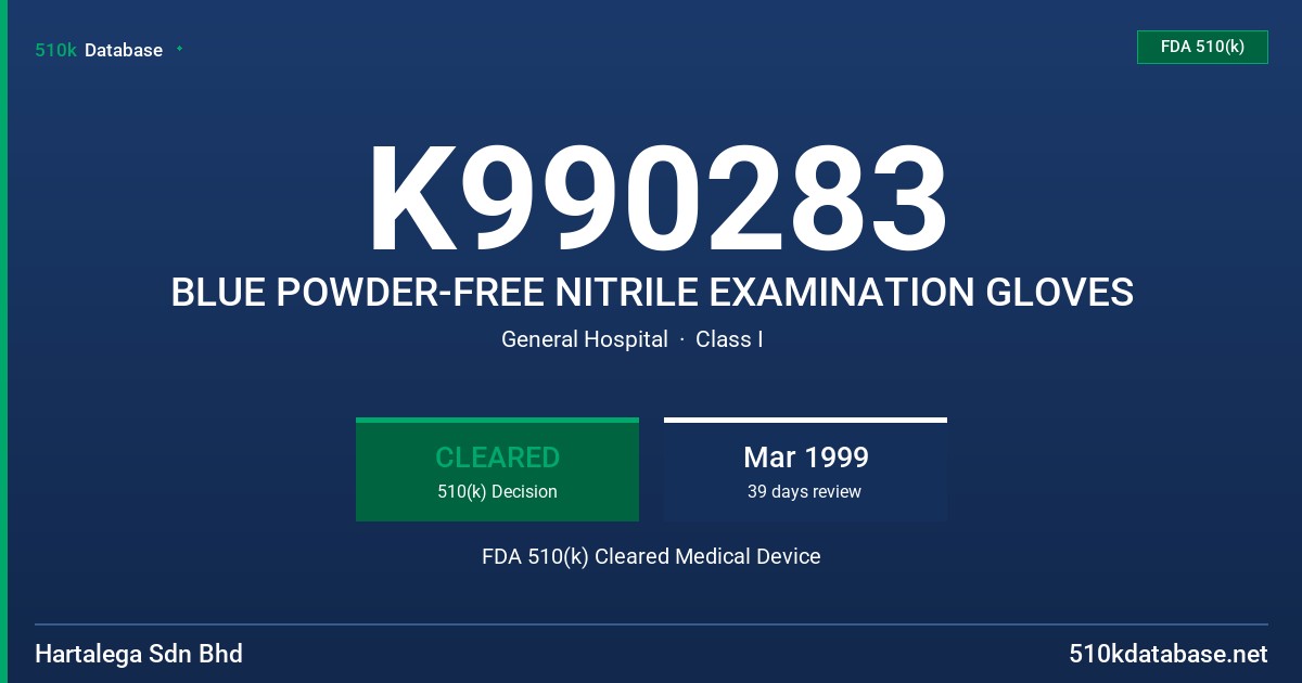 K990283 BLUE POWDER-FREE NITRILE EXAMINATION GLOVES FDA 510(k) Cleared Medical Device