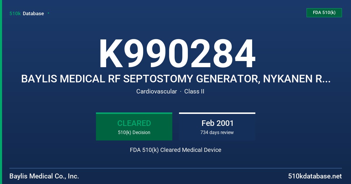 K990284 BAYLIS MEDICAL RF SEPTOSTOMY GENERATOR, NYKANEN RF SEPTOSTOMY CATHETER, BAYLIS MEDICAL CONNECTOR CABLE FDA 510(k) Cleared Medical Device