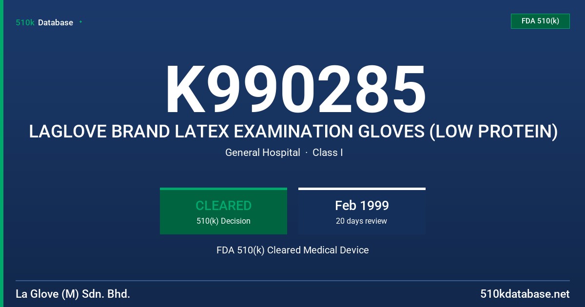 K990285 LAGLOVE BRAND LATEX EXAMINATION GLOVES (LOW PROTEIN) FDA 510(k) Cleared Medical Device